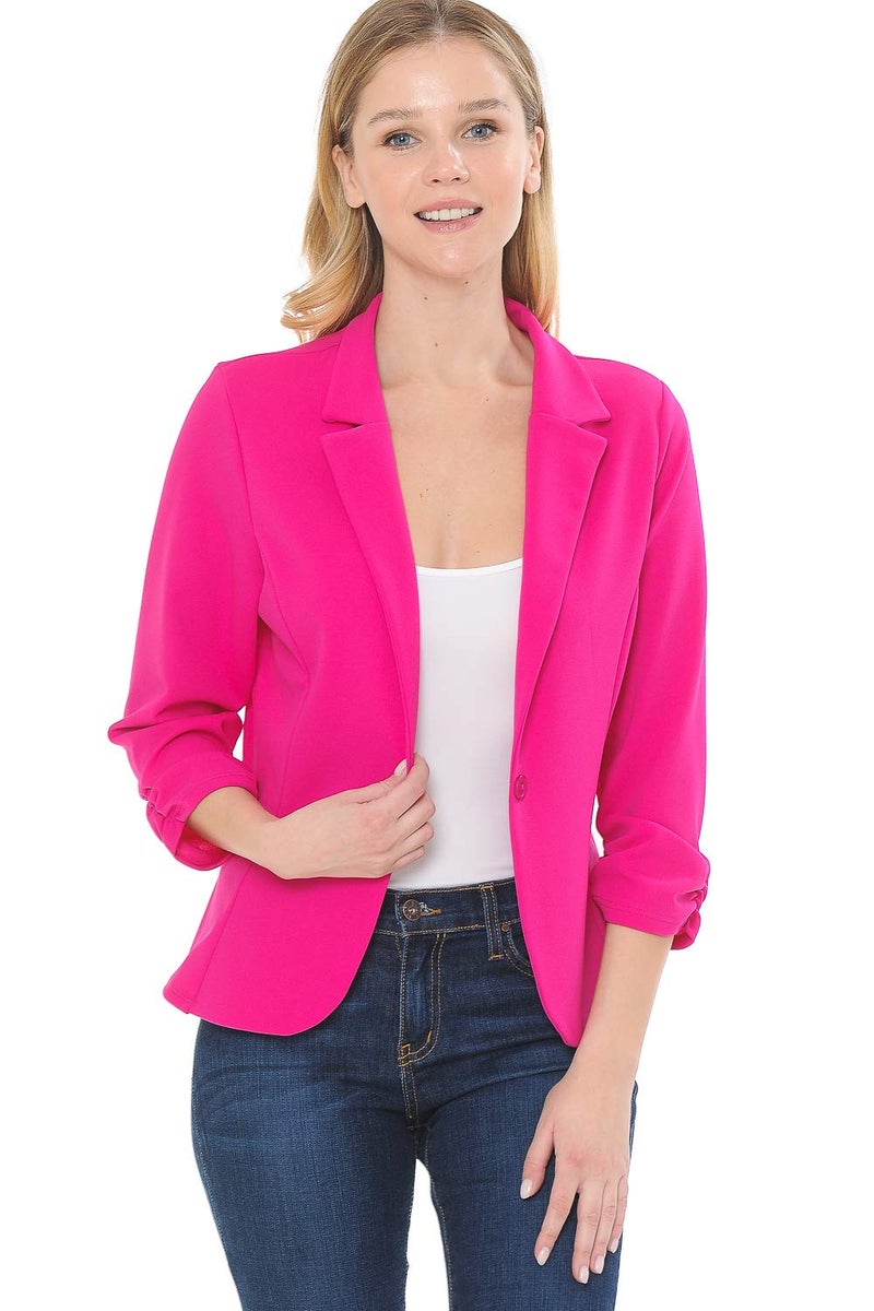 MINEFREE Women's 3/4 Sleeve Lightweight Casual Work Knit Blazer Jacket Solid Fuchsia 2XL - Image 3